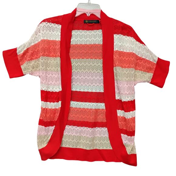 Outback Red Open Knit Cardigan Size XS Red and Beige Striped Short Sleeve - Picture 2 of 7